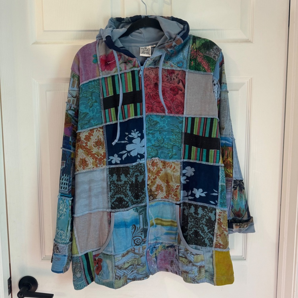 Parsley & Sage Patchwork Hoodie Women 2X Blue Multi Full Zip Art to Wear Boho